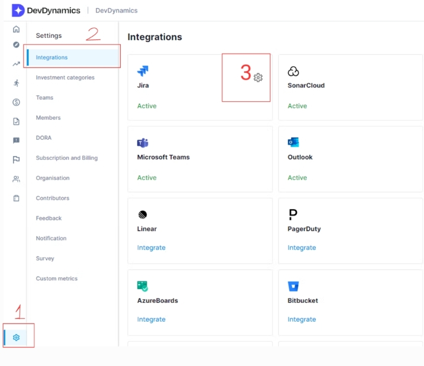 Settings → Integrations with Jira card and configuration gear highlighted