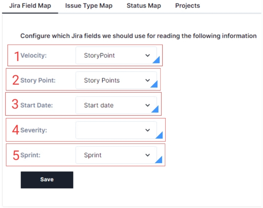 Jira Field Map tab with Velocity, Story Point, Start Date, Severity, and Sprint dropdowns