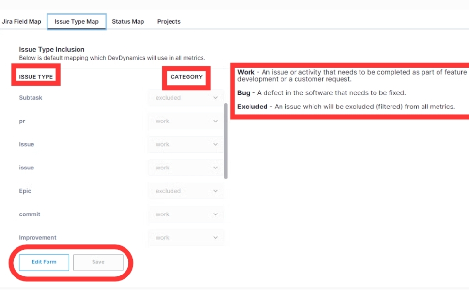 Jira Issue Type Map tab showing Issue Type Inclusion table and category dropdowns