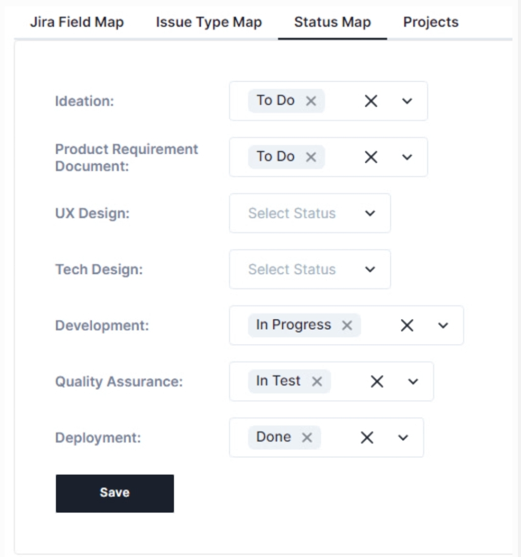 Jira Status Map tab mapping lifecycle categories to Jira statuses