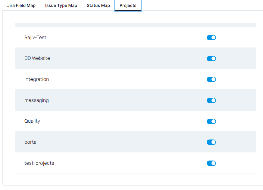 Jira configuration Projects tab with per-project tracking toggles