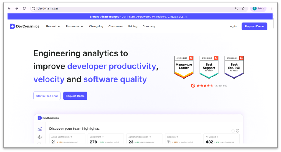 DevDynamics homepage with Start a Free Trial and Request Demo