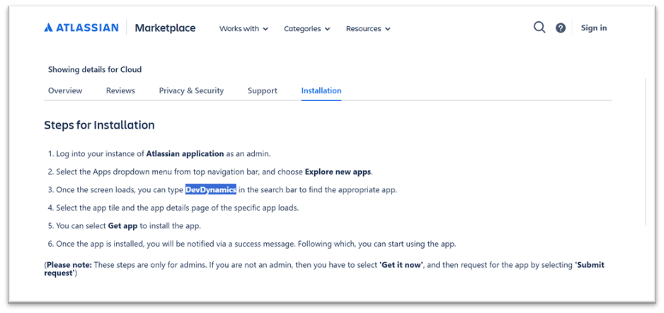 Atlassian Marketplace: Steps for installing the DevDynamics app