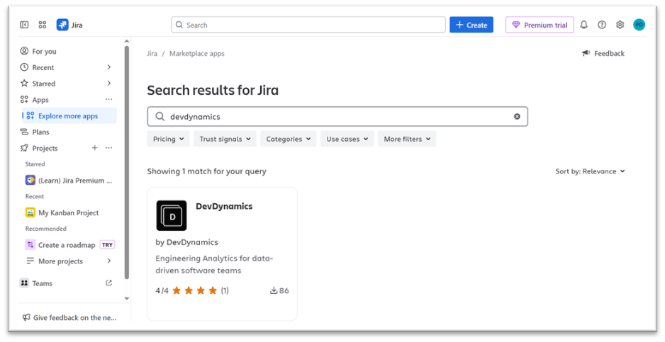 Jira Marketplace: search results showing the DevDynamics app