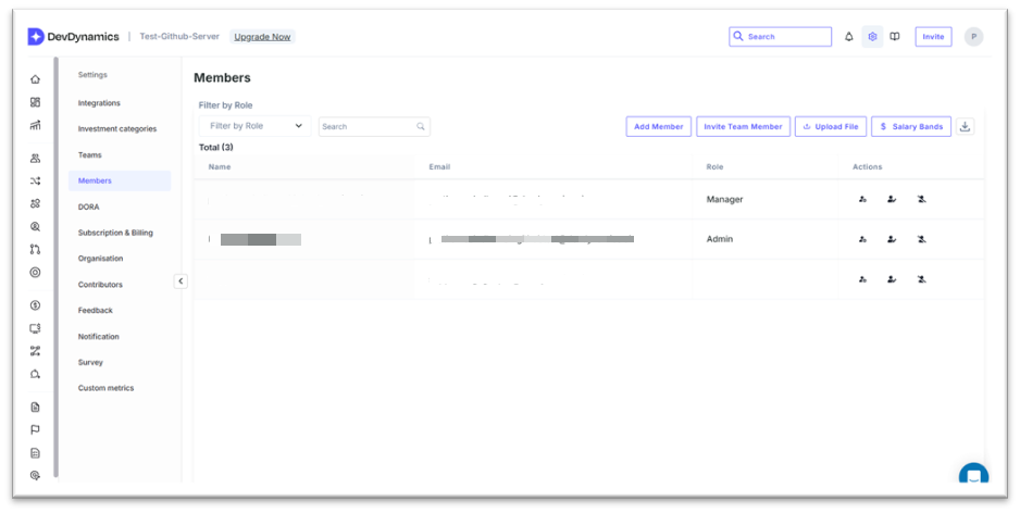 DevDynamics Members settings page listing team members and roles