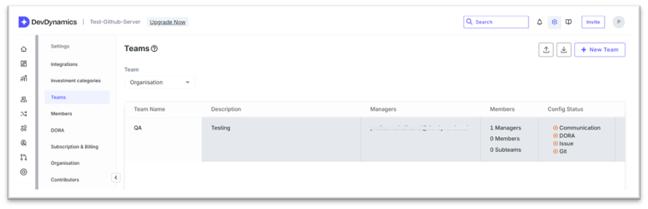 DevDynamics Teams settings page showing a QA team configuration