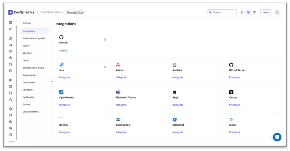 DevDynamics integration detail panel highlighting Active status and reconnect options