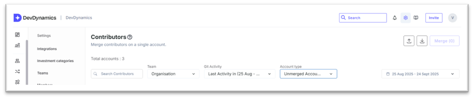 DevDynamics Contributors page showing duplicate contributor identities ready to be merged