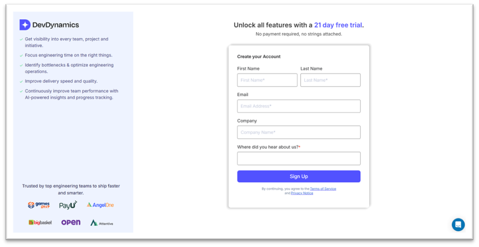 DevDynamics sign-up form with account fields and Sign Up