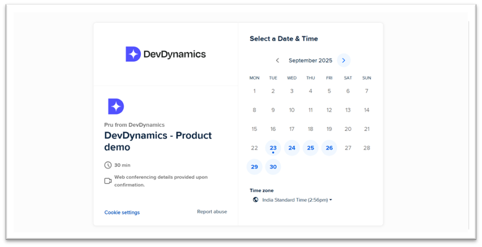 DevDynamics product demo scheduling: calendar to select a date and time