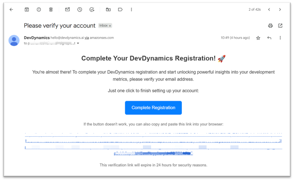 Verification email from DevDynamics with Complete Registration button