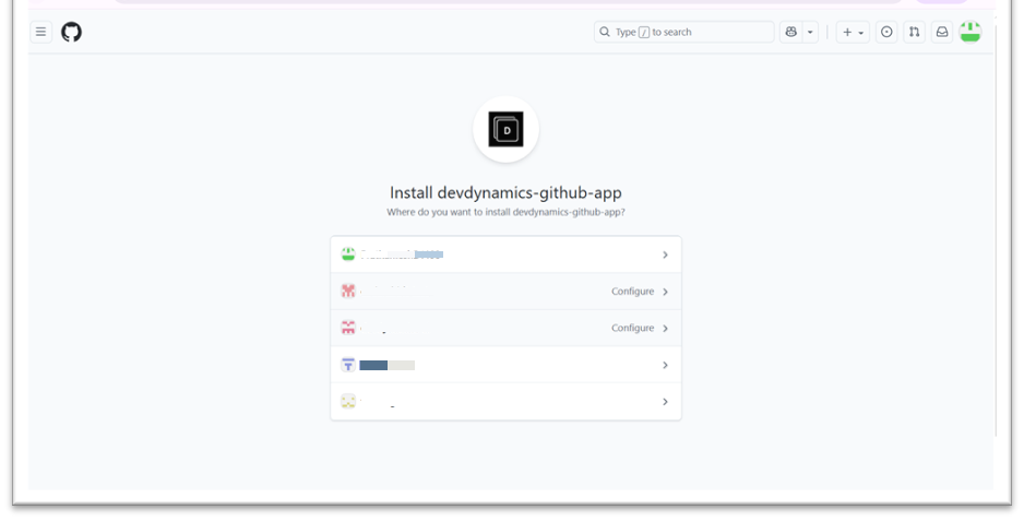 GitHub: Install devdynamics-github-app — choose account or organization