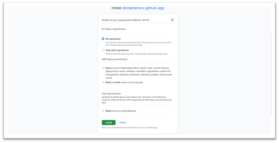 GitHub: devdynamics-github-app repository access and permissions screen